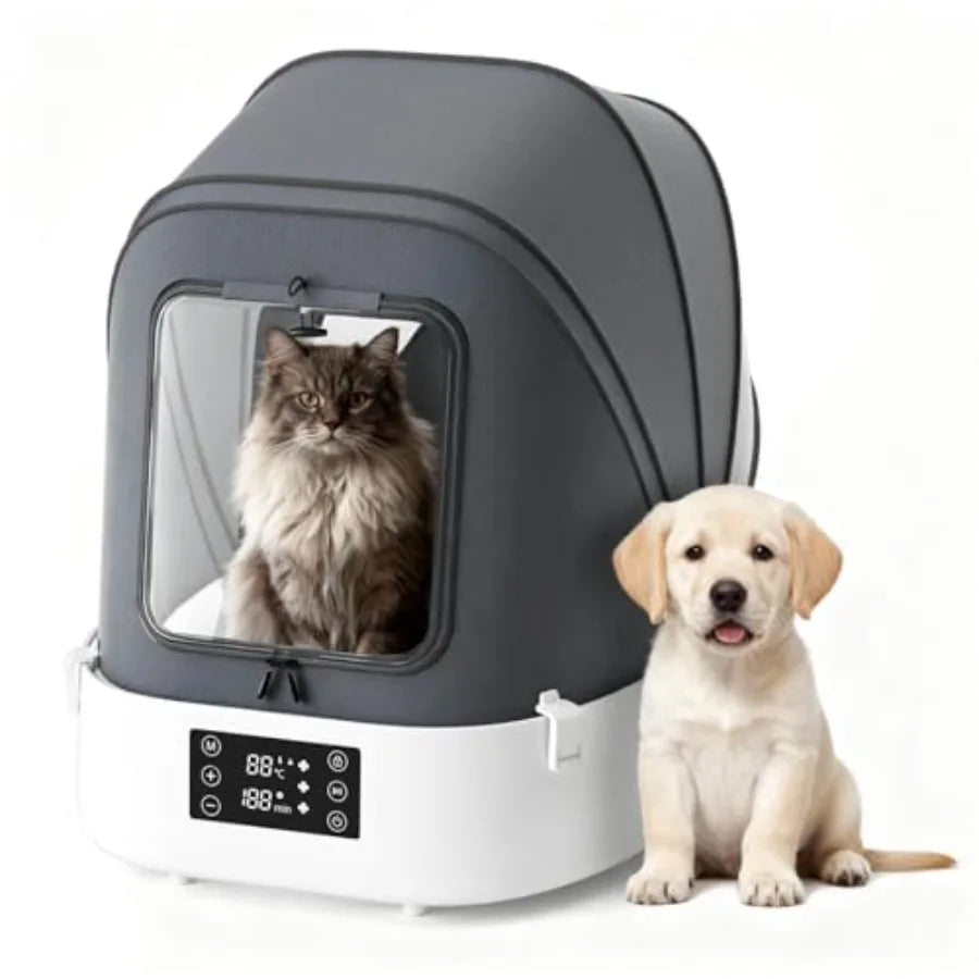 Automatic Pet Dryer Box with 86CFM Dual Fans 60L Foldable Design 360 Quiet Airflow Temperature/Time Control Grooming Hair Blowe