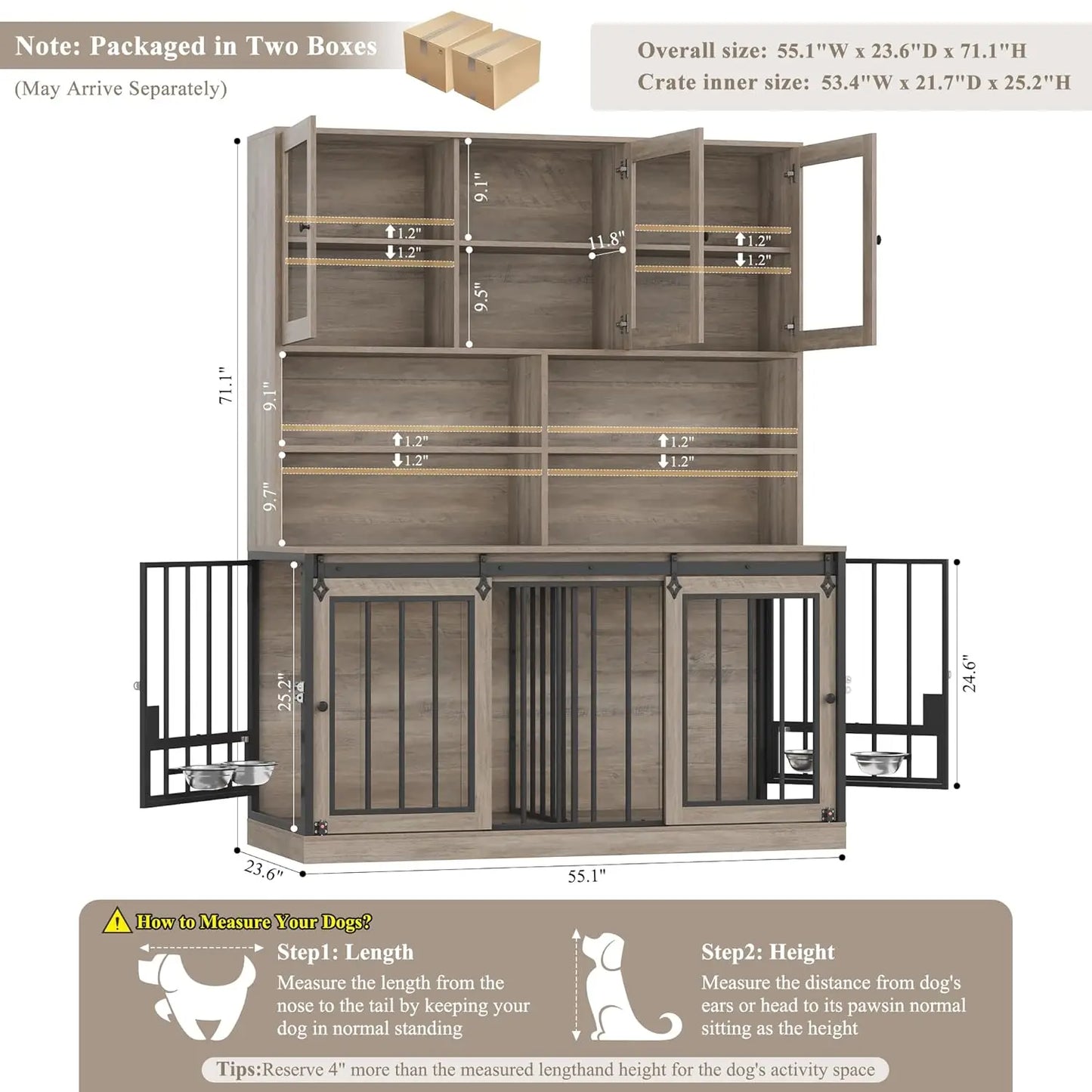 71" Tall Wooden Dog Crate Hutch with Storage Feeding Bowls Removable Divider Indoor Heavy Duty XL Pet House Grey, Custom