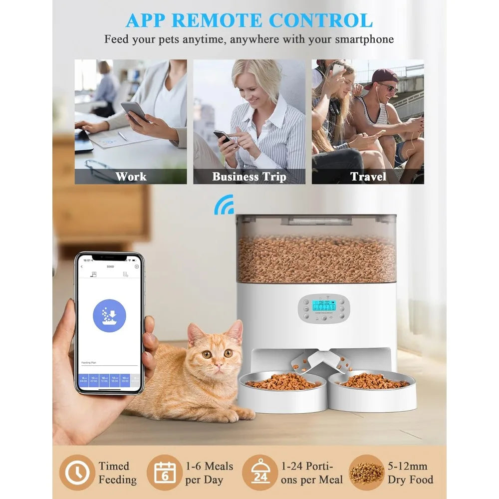 6L Automatic Cat Feeder for 2 Cats, 2.4G WiFi Enabled Smart Feed Automatic Pet Feeder for Cats & Dogs, Timed Pet Food Dispenser