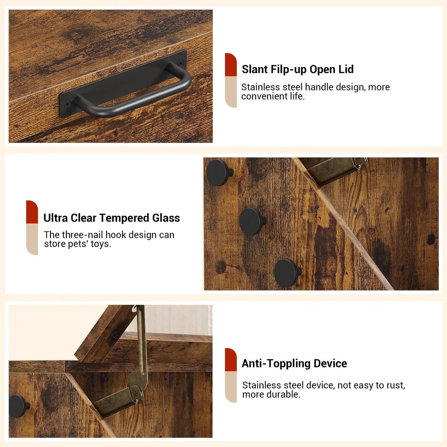 Large Dog Food Storage Cabinet with Flip Top - Pet Feeding Station & Organizer w/Transparent Lid, Side Hooks for Leashes - Multi