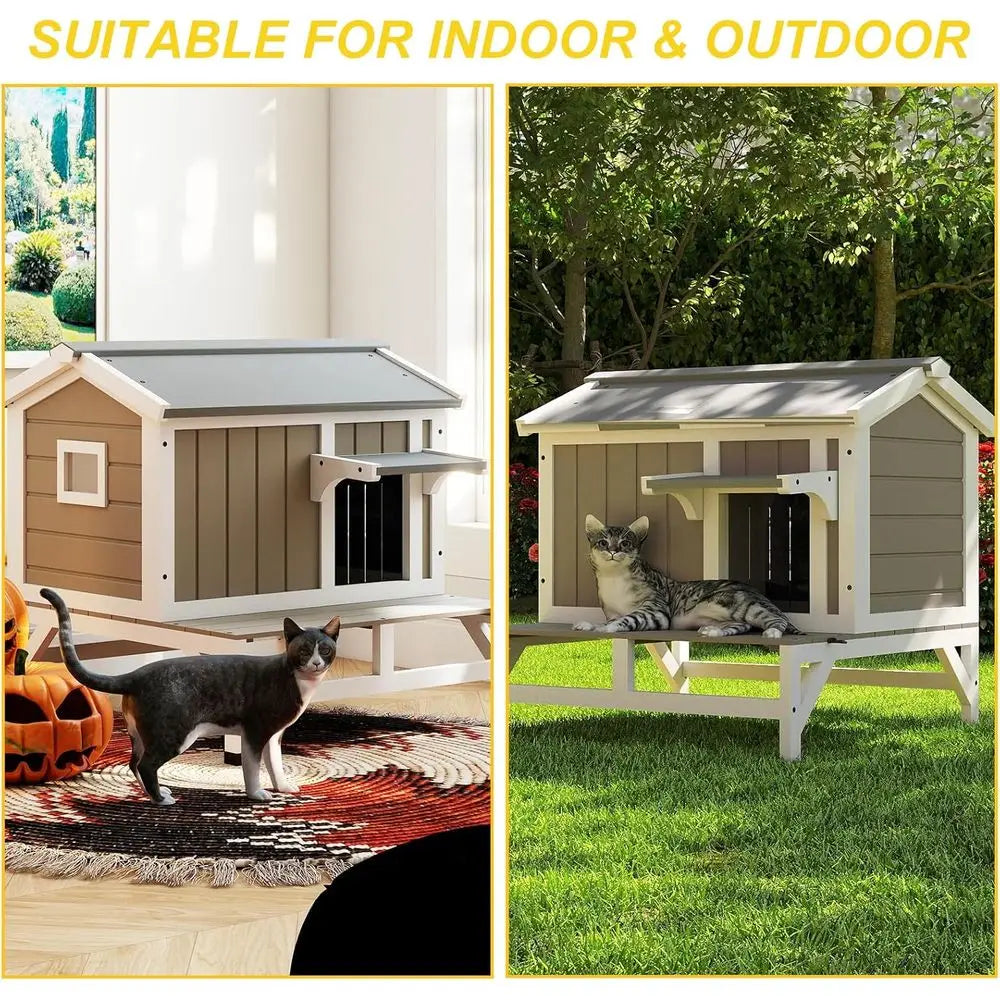 Outdoor Cat Shelter with Balcony, Weatherproof House for 1-3 Cats, Grey Wooden Enclosure with Elevated Base