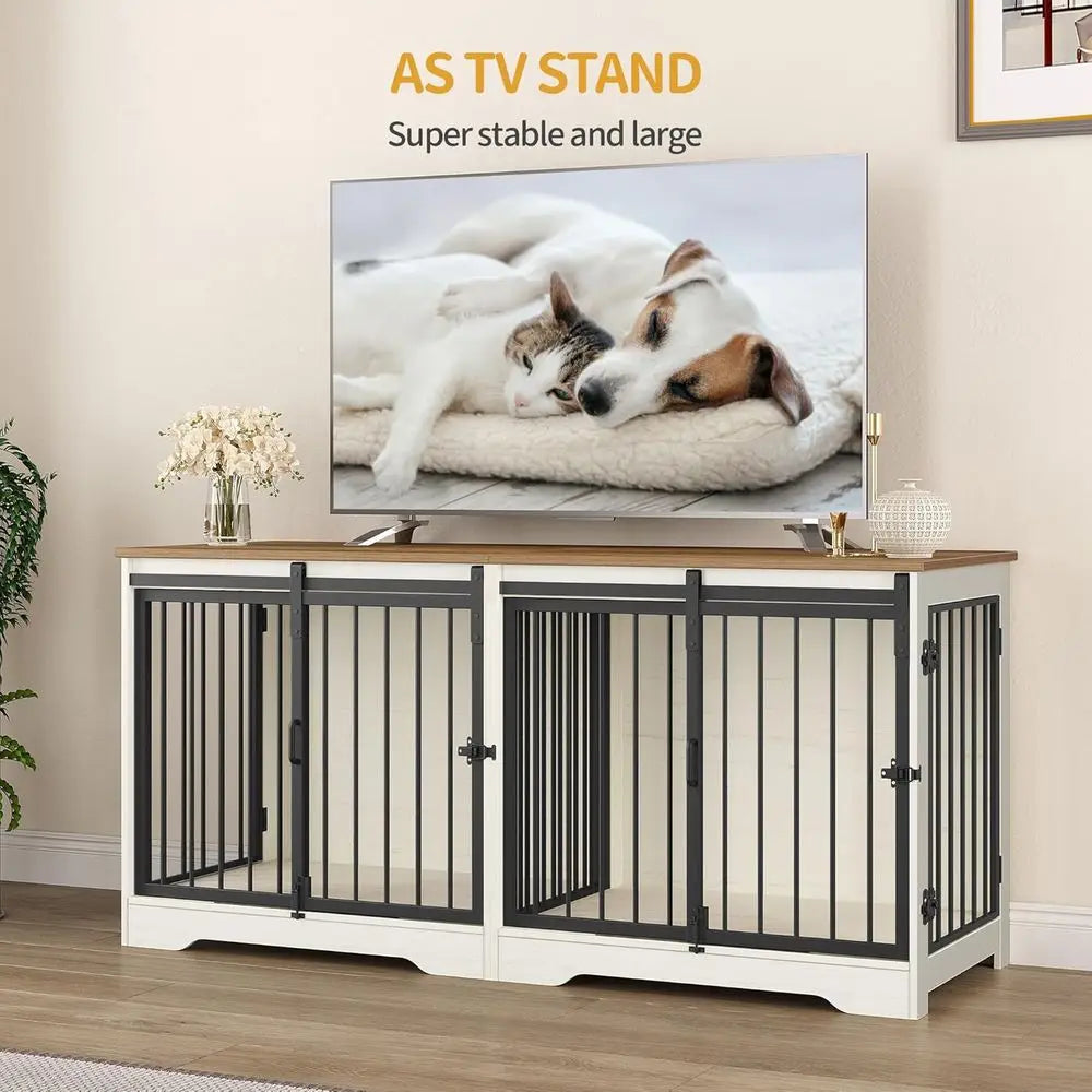Heavy Duty Wooden Double Dog Cage with Divider, Large Pet Kennel, Barn Door, Suitable for Medium to Small Dogs, White/Brown