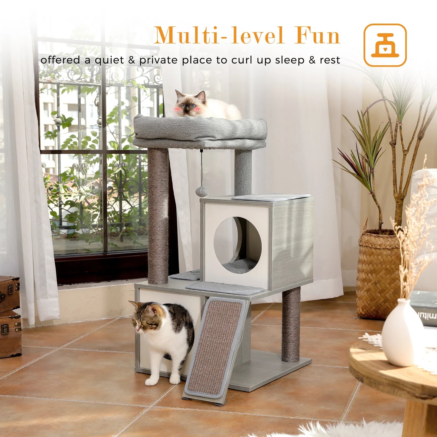Wooden Cat Tower with Double Condos Spacious Perch Fully Wrapped Scratching Sisal Posts and Replaceable Dangling Balls