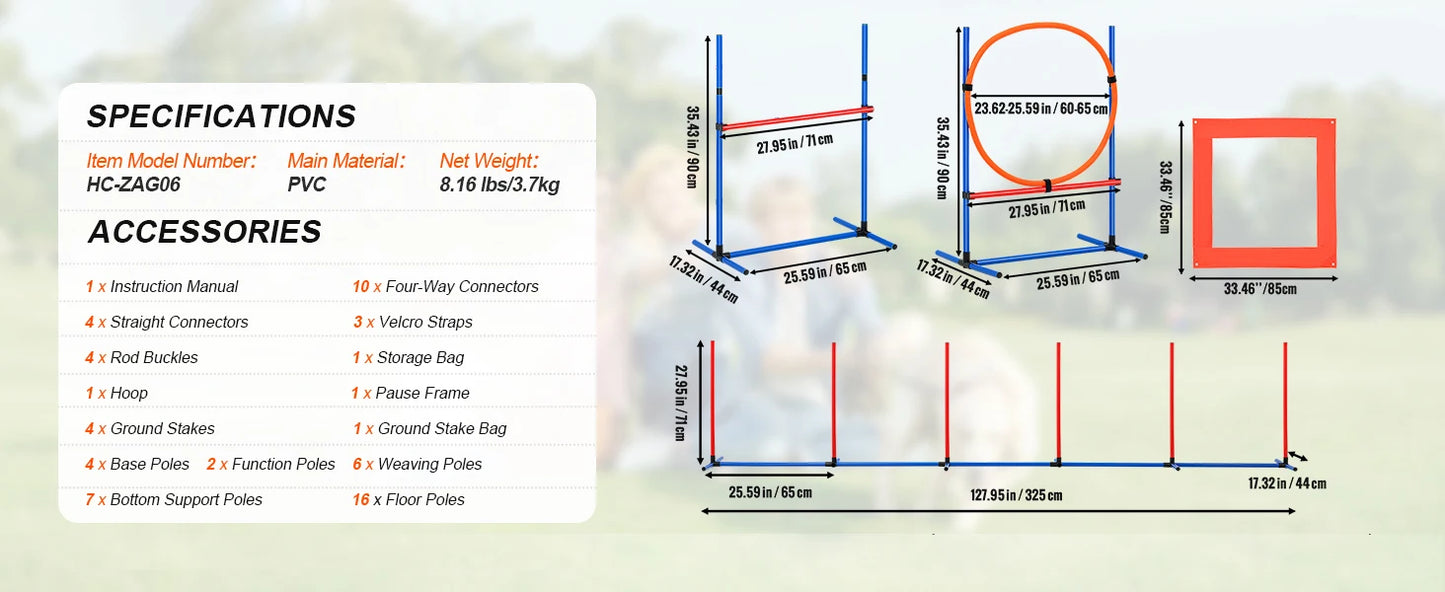 SucceBuy Dog Agility Training Equipment 4 PCS Set with Adjustable High Hurdles 6 Weave PolesJump Ring Square Pause Box Whistle