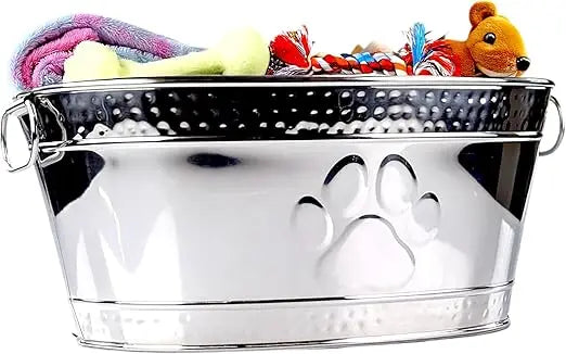 Metal Indestructible Dog Toy Bin - Steel Dog Toy Basket with Handles, Pet Toy Box, Oval for Blankets, Leashes, & Toys for Aggres