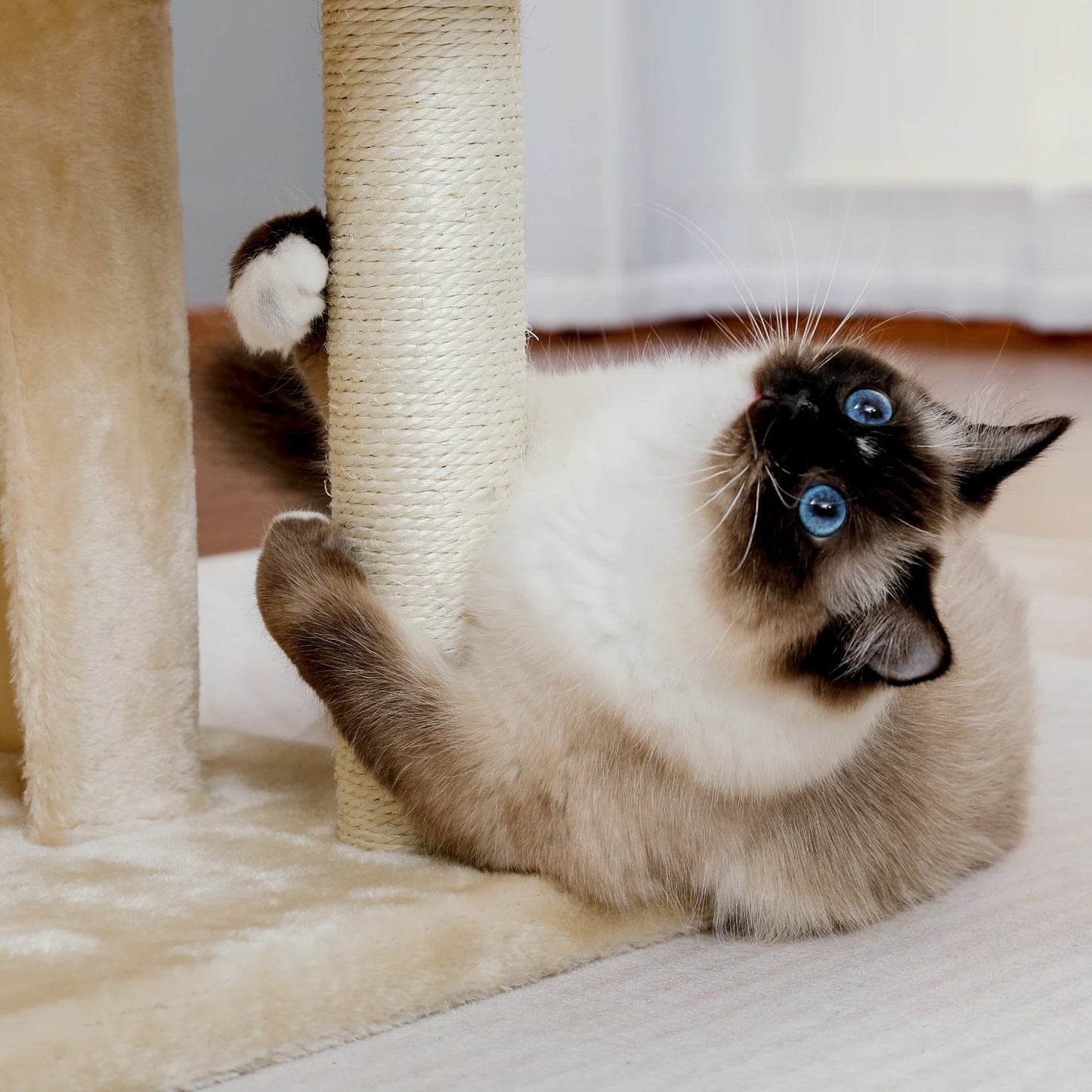 Wooden Cat Tower with Double Condos Spacious Perch Fully Wrapped Scratching Sisal Posts and Replaceable Dangling Balls