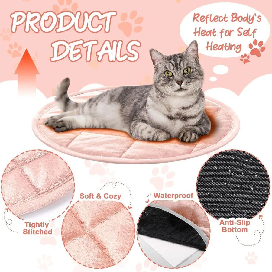 2 Pcs Round Self-Warming Cat Mat with Reversible Design for Indoor and Outdoor Use Machine Washable Heated Pet Bed with Anti-Sl