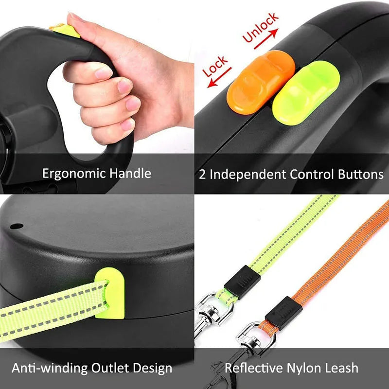 Leash for Pet Dogs Self-rolling Retractable Leash For 2 Dogs Retractable 360° Rotation With LED Light 2-way Leash Roll Type