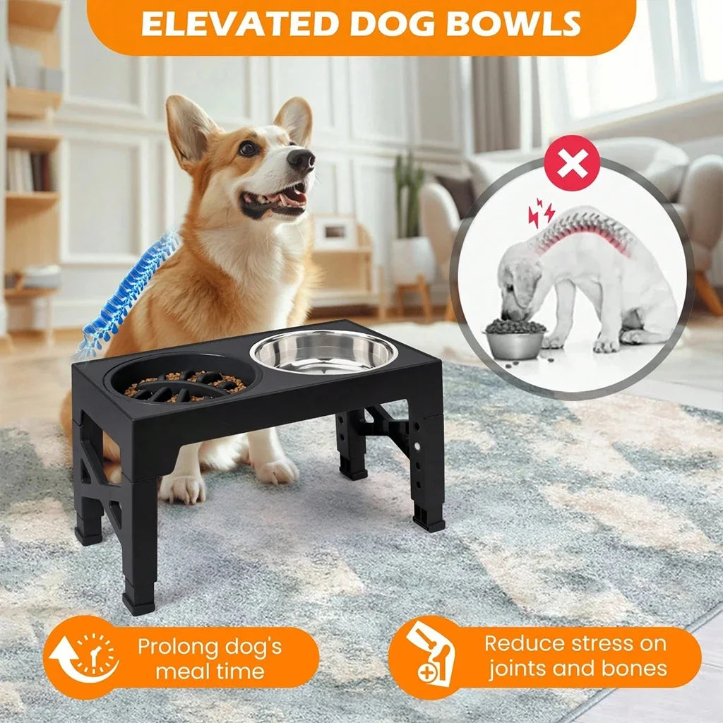 Adjustable Elevated Dog Feeder, 4‑Height Raised Dog Bowl Stand with Slow Feeder & Double Stainless Steel Food Water Bowls, Neck Joint Protection Ergonomic Pet Feeding Station for Small Medium Large Dogs