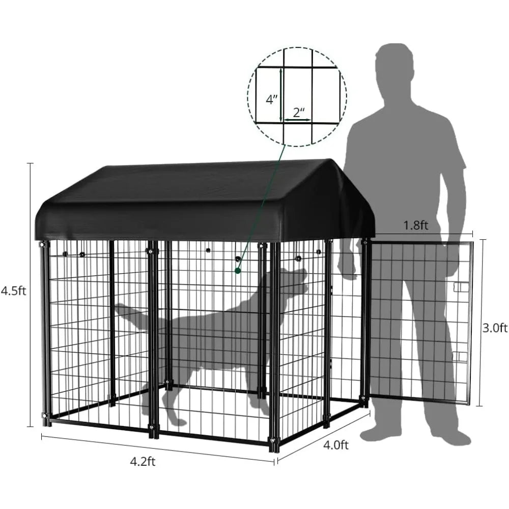 Dog Kennel Outdoor, Dog House with Roof Waterproof Cover for Medium to Small Dog Outside 4ft x 4ft x 4.5ft, Pet Enclosure