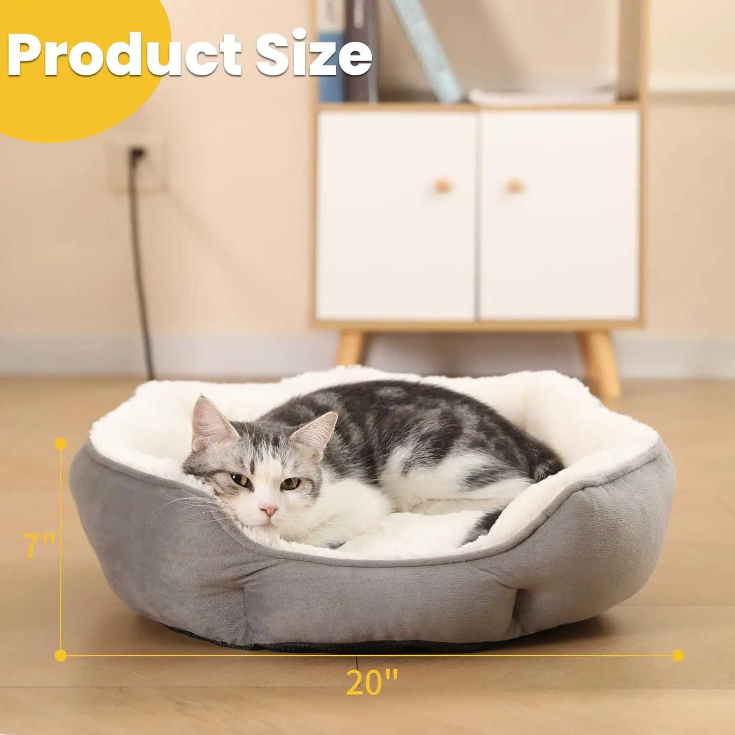 Heated Cat Bed 20x20in for Cats & Small Dogs - Warm Plush Round Heating Bed with Overheat Protection
