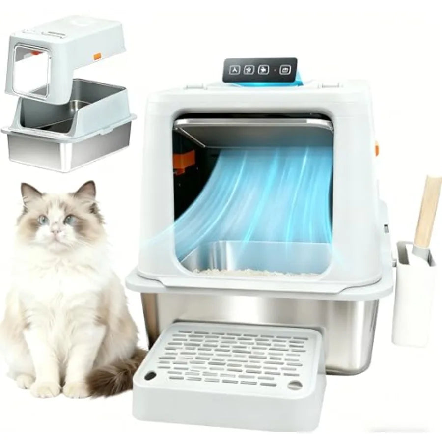 XXL Stainless Steel Cat Litter Box with Infrared Sensor for Multiple Cats Grey Large Ccity Auto-Detection Auto-Stop Safety Non-