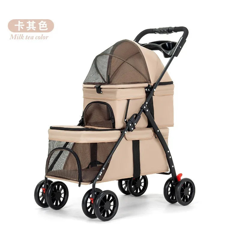 Foldable Double Decker Pet Stroller 4 Wheels Breathable Mesh Puppy Cat Travel Stroller for Multi-Pet Families Outdoor Walking