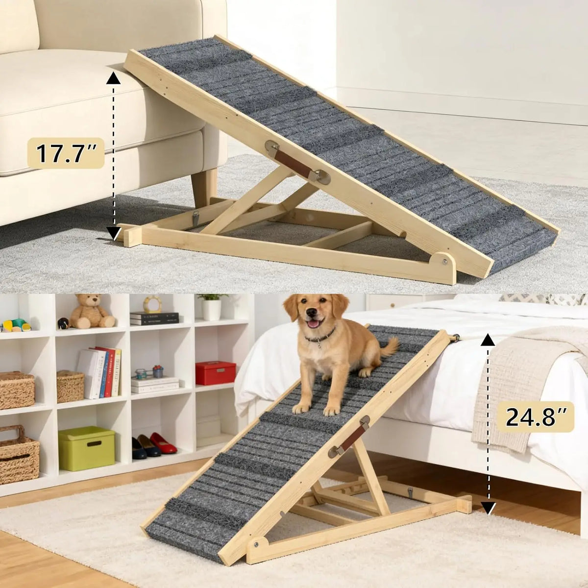 7-Height Adjustable Dog Ramp for Bed, Solid Wood Folding Pet Ramp with Anti-Slip Carpet Surface, No Assembly, Supports 150 lbs