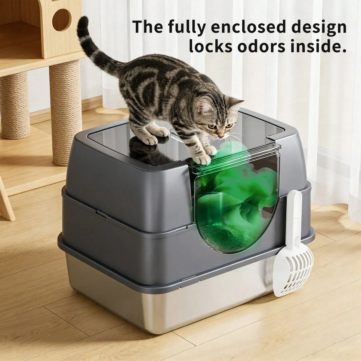 Large Stainless Steel Enclosed Cat Litter Box With Lid High Splash Proof Sided Metal Kitty Potty Front Entry Top Exit Dog Proof Odor Control Leak Resistant Easy Clean Complete Set With Litter Mat Litter Scoop & Filter Step Fo