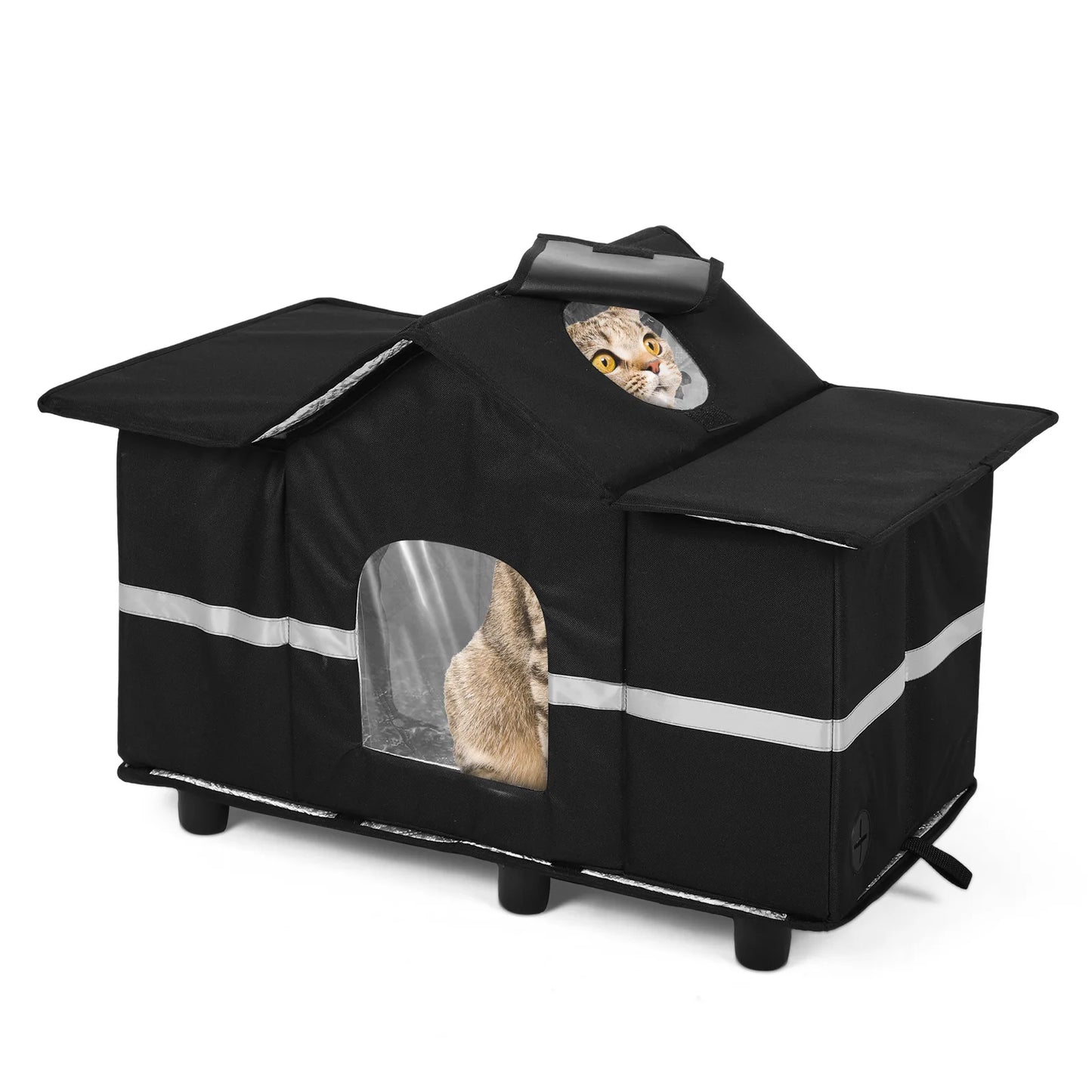 Waterproof Outdoor Large Cat Shelter & Roof Window Elevated Pet House Feral Cat House for Stray/Barn Cats with Cozy Cushion