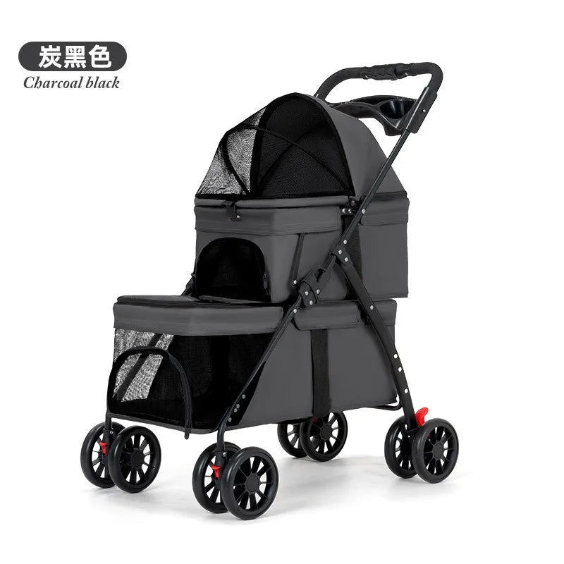 Foldable Double Decker Pet Stroller 4 Wheels Breathable Mesh Puppy Cat Travel Stroller for Multi-Pet Families Outdoor Walking
