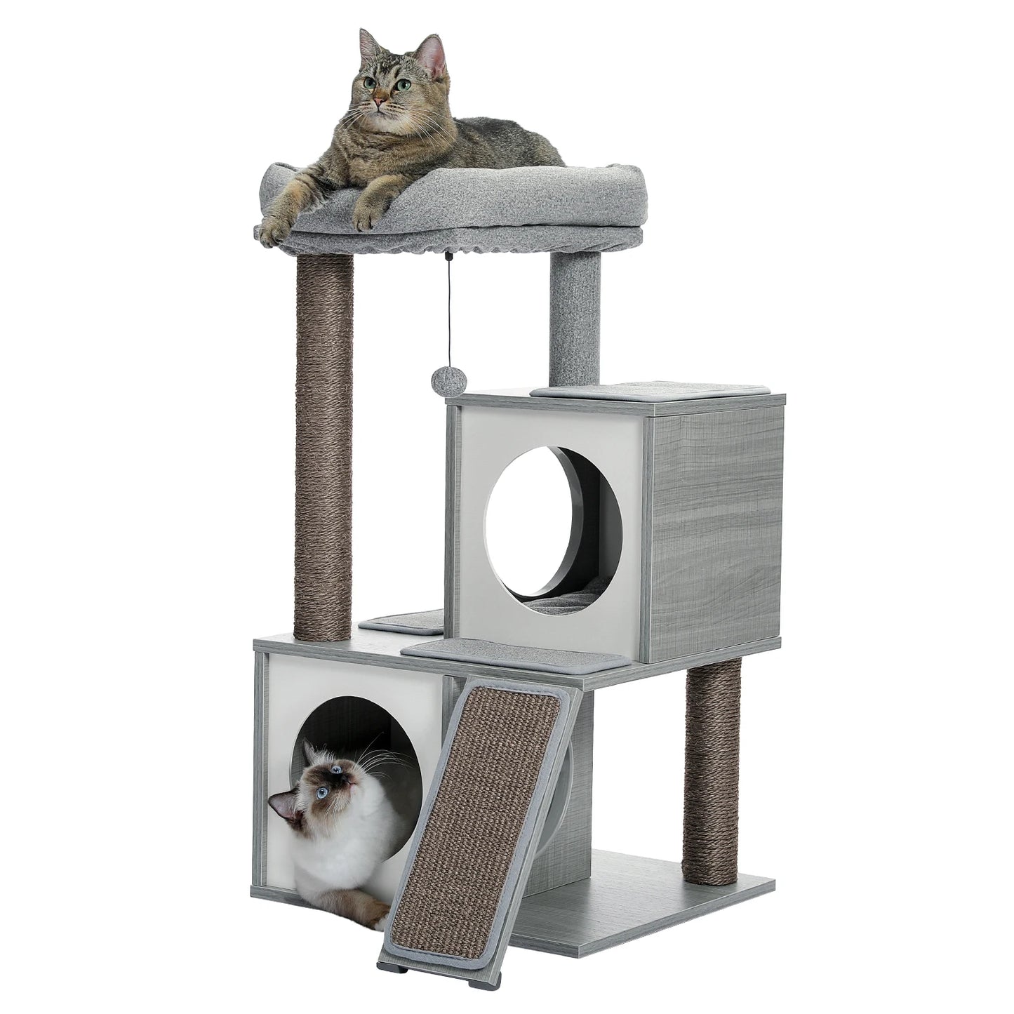 Wooden Cat Tower with Double Condos Spacious Perch Fully Wrapped Scratching Sisal Posts and Replaceable Dangling Balls