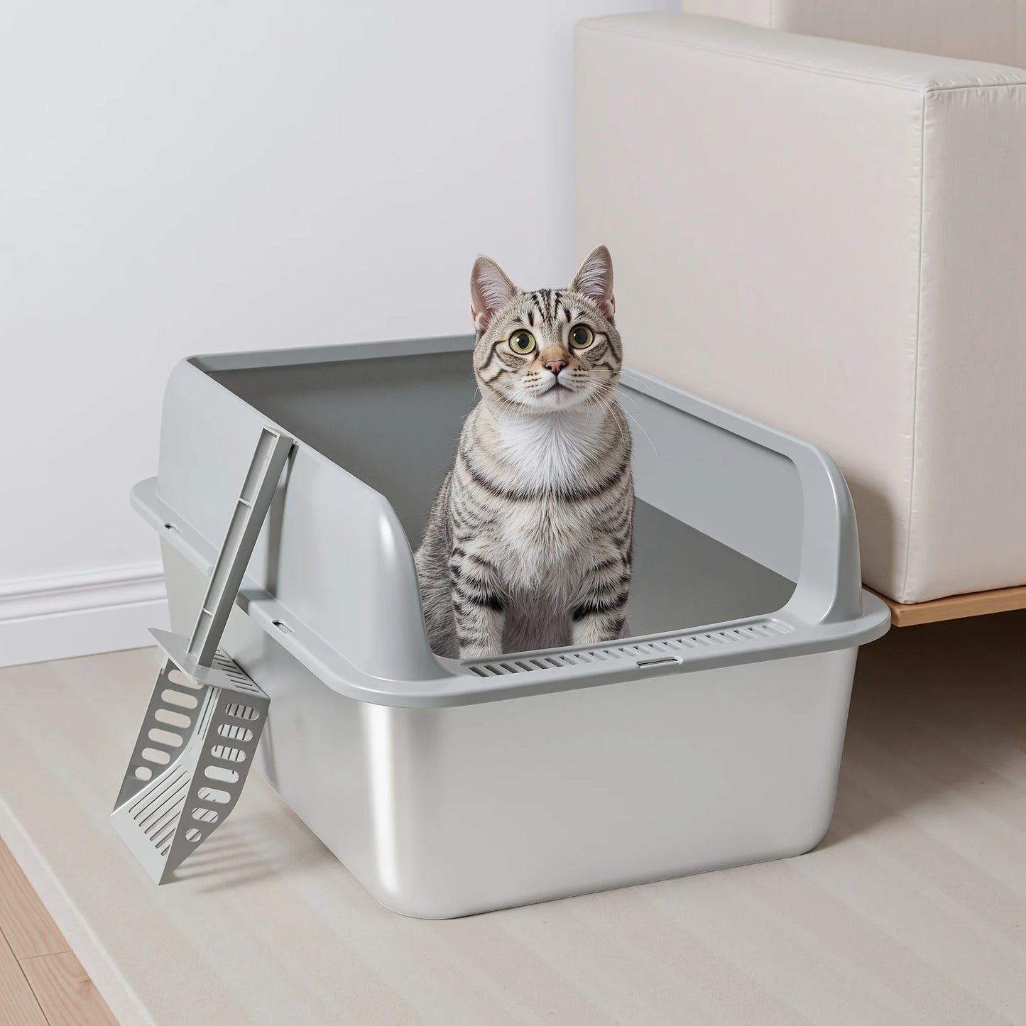 Stainless Steel for cat Litter Box, Medium And Large Litter Box For Cats With Scoop, Metal Litter Pan Tray With High Wall Sides