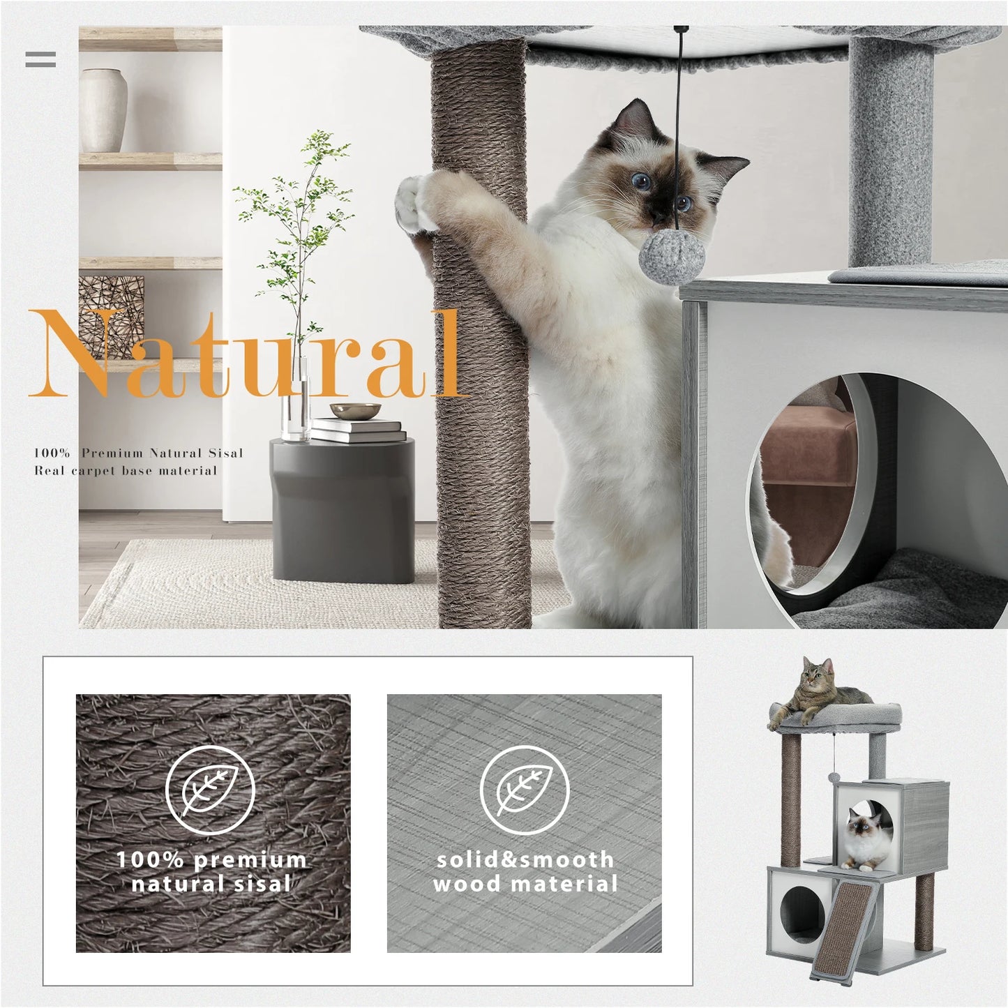 Wooden Cat Tower with Double Condos Spacious Perch Fully Wrapped Scratching Sisal Posts and Replaceable Dangling Balls