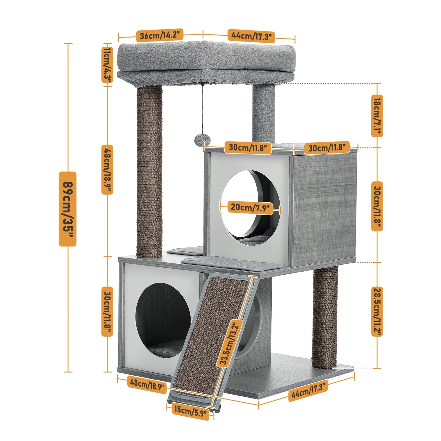 Wooden Cat Tower with Double Condos Spacious Perch Fully Wrapped Scratching Sisal Posts and Replaceable Dangling Balls
