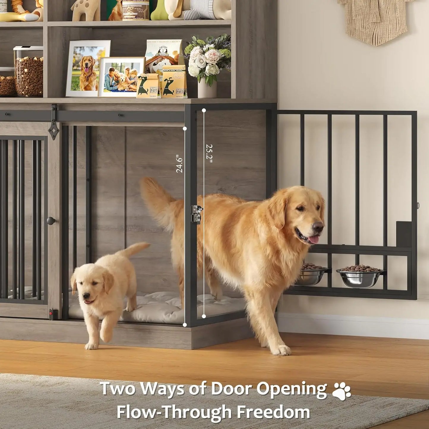 71" Tall Wooden Dog Crate Hutch with Storage Feeding Bowls Removable Divider Indoor Heavy Duty XL Pet House Grey, Custom