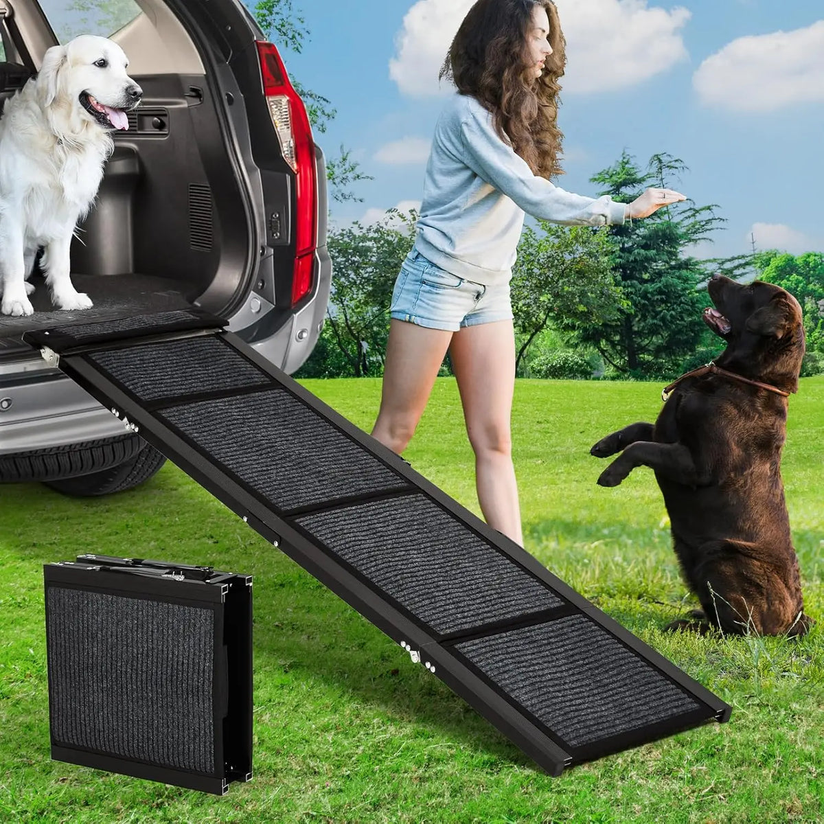 Upgraded Dog Ramp For Cars Folding Pet Ramp For Large Dogs With Non-Slip Surface Portable Outdoor Dog Car Ramp Up to 250 LBS