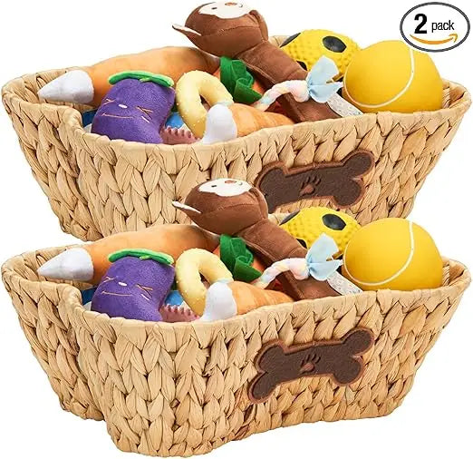 Wicker Basket for Pet Toys, 2 Pack Stylish and Natural Dog and Cat Toy Basket, Dog Storage Organizer with Bone Shape