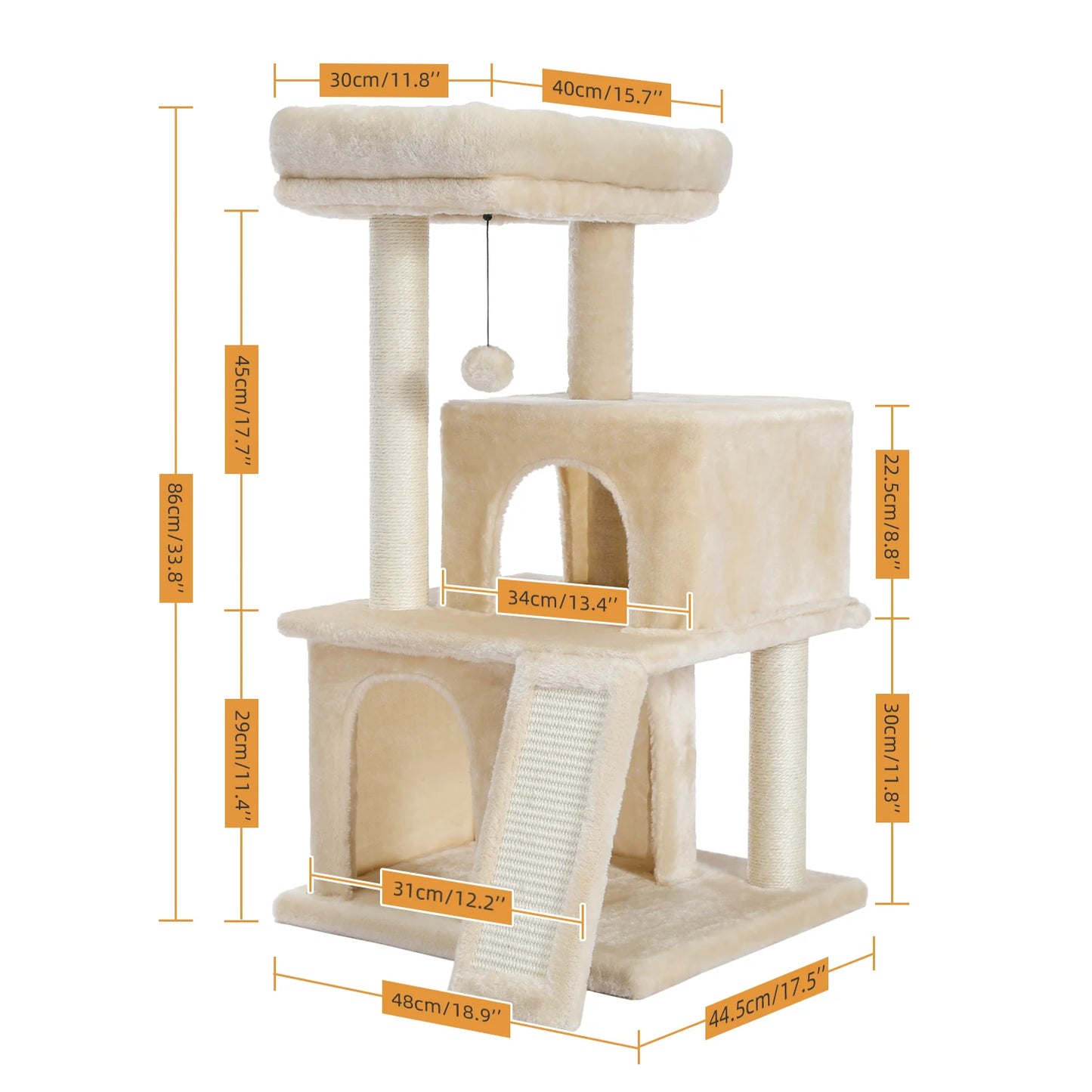 Wooden Cat Tower with Double Condos Spacious Perch Fully Wrapped Scratching Sisal Posts and Replaceable Dangling Balls