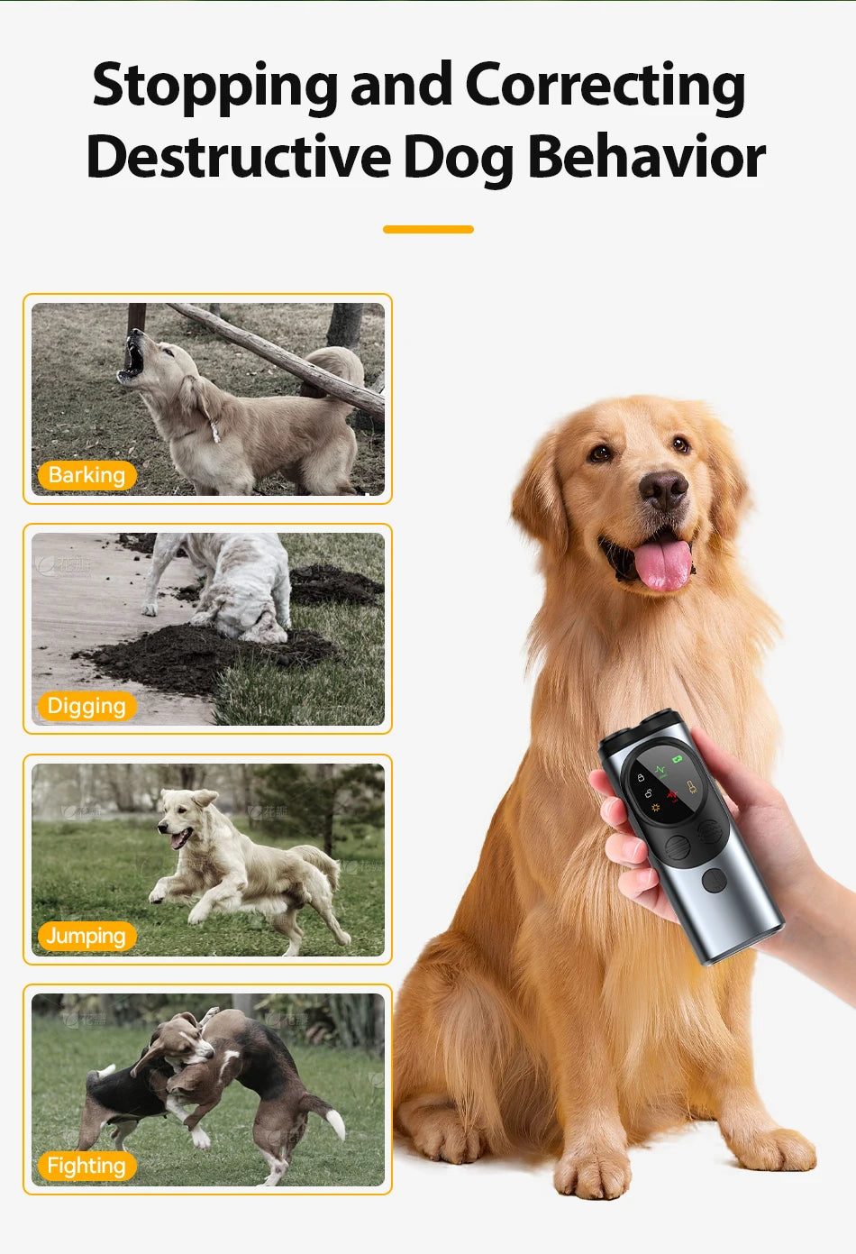 ROJECO Dog Repeller Ultrasonic High Power Dog Anti Barking Training Device Rechargeable Dog Repeller Trainer With LED Flashlight