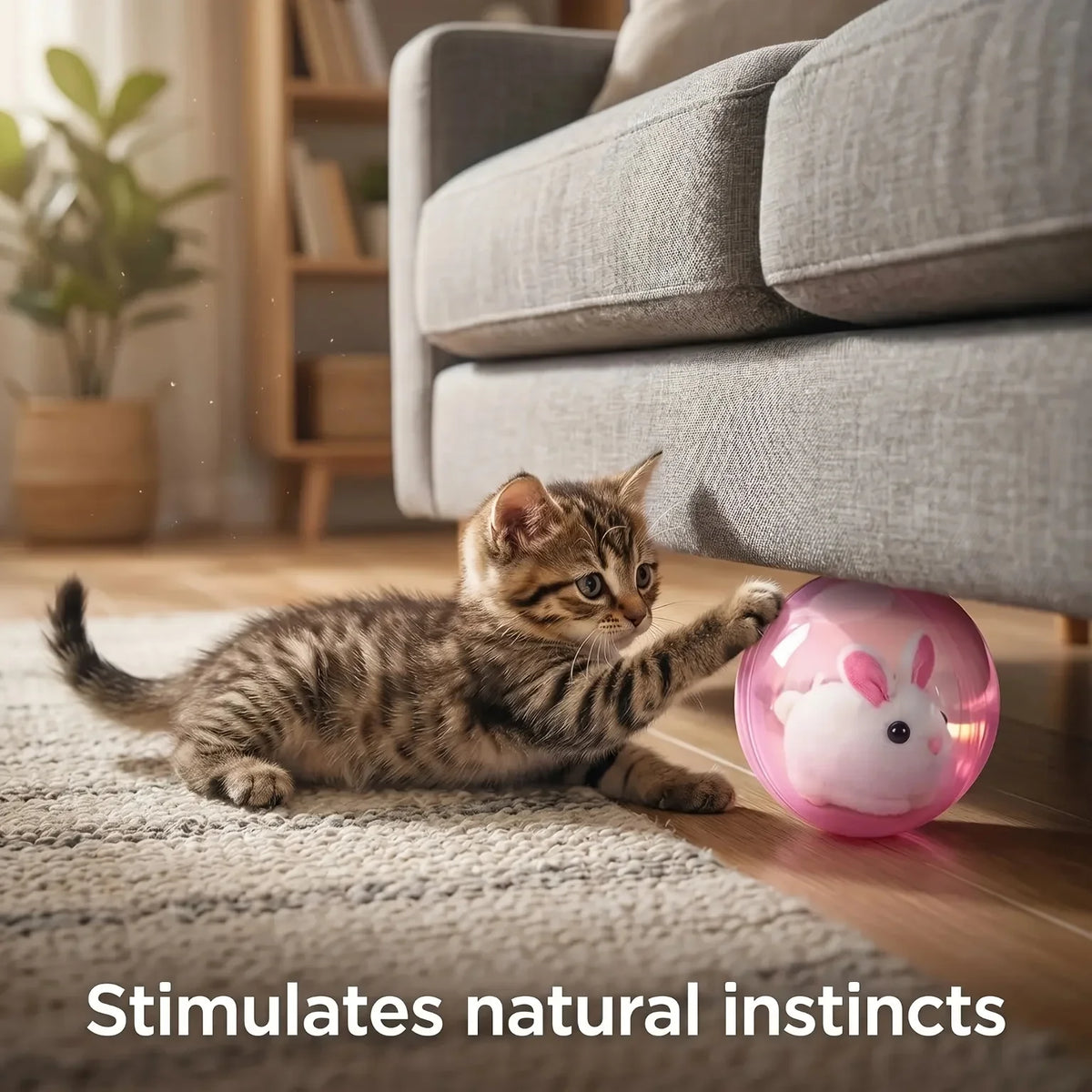 Self‑Rotating Obstacle Avoid Electric Cat Toy Ball, Battery Powered Transparent Interactive Plush Rabbit Rolling Pet Ball for Cats Small Dogs Indoor Exercise