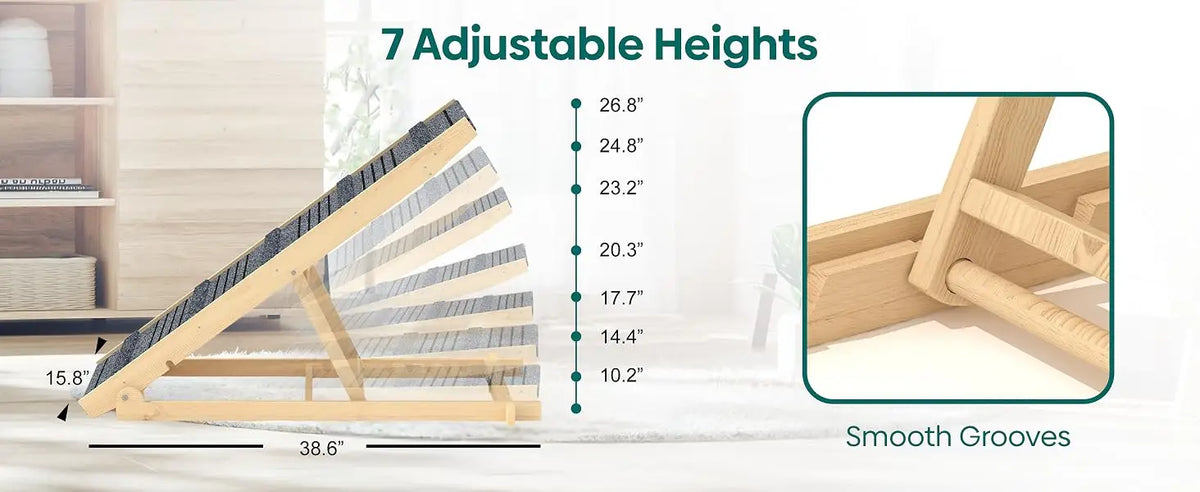 7-Height Adjustable Dog Ramp for Bed, Solid Wood Folding Pet Ramp with Anti-Slip Carpet Surface, No Assembly, Supports 150 lbs