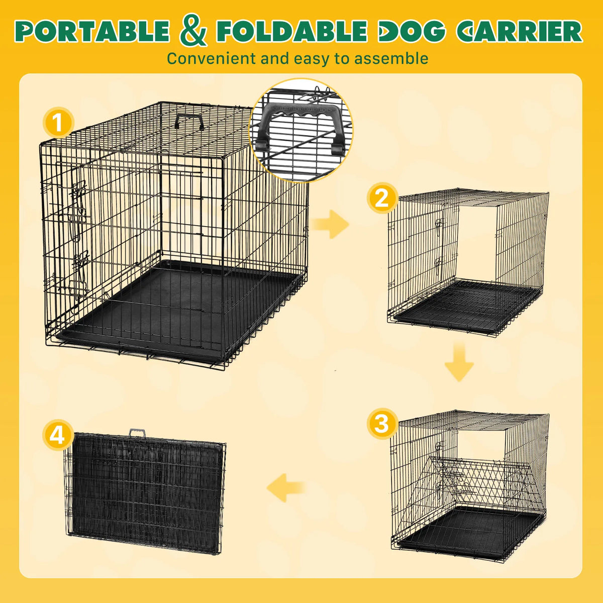 JHK 48 Inch Double Door Folding Metal Wire Dog Cage with Plastic Leak-Proof Pan Tray Extra Large Pet Kennel for Outdoor Travel