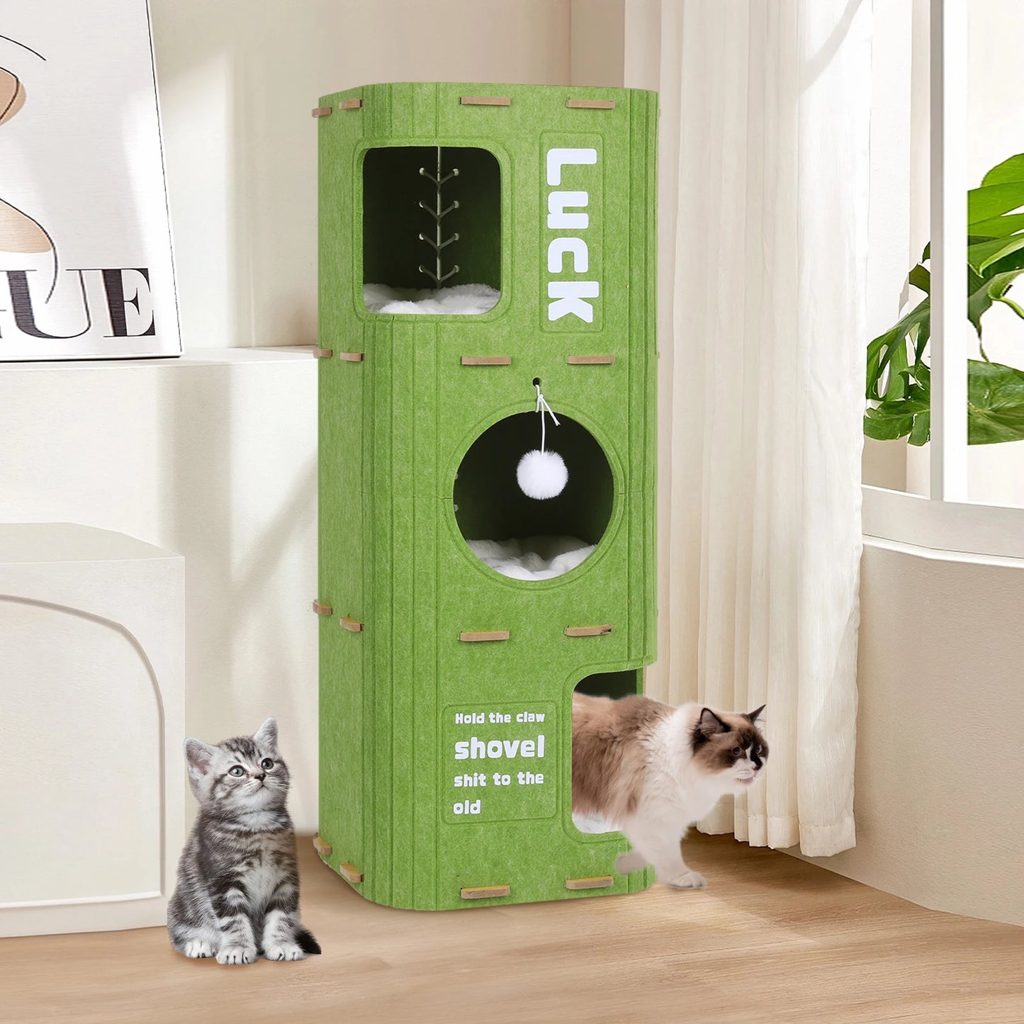 3-Tier Green Felt Cat Bed Multifunction Integrated Felt Cat Cave Creative Cat Bucket for Multi-Cat Family Pet Entertain Nest