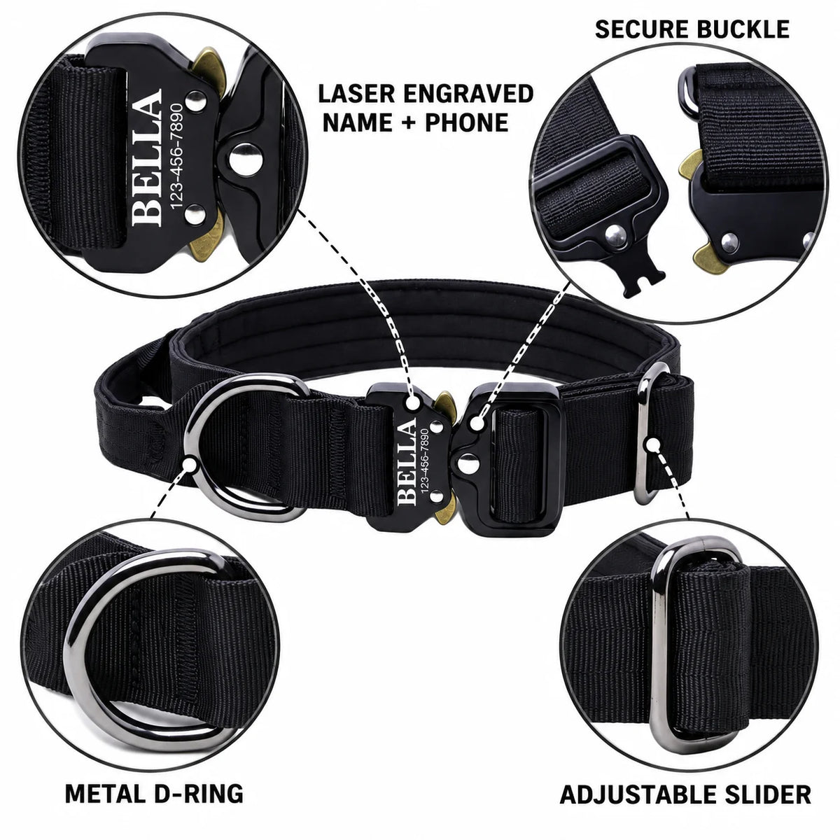 Laser Lettering Tactical Dog Collar, Support Name and Phone Customization, Nylon Material Is Suitable for Medium and Large Dogs