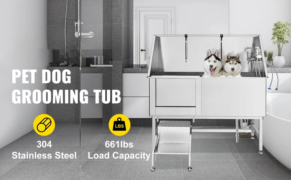 SucceBuy 62In Dog Grooming Tub Professional Stainless Steel Pet Dog Bath Tub With Steps Faucet & Accessories Dog Washing Station