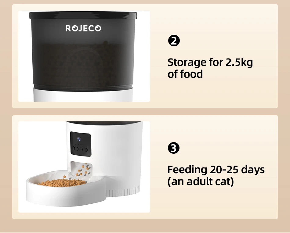 ROJECO 3L Automatic Dog Feeder With Camera Smart Pet Food Dispenser For Dogs WIFI Remote Food Feeding with Stainless Steel Bowl