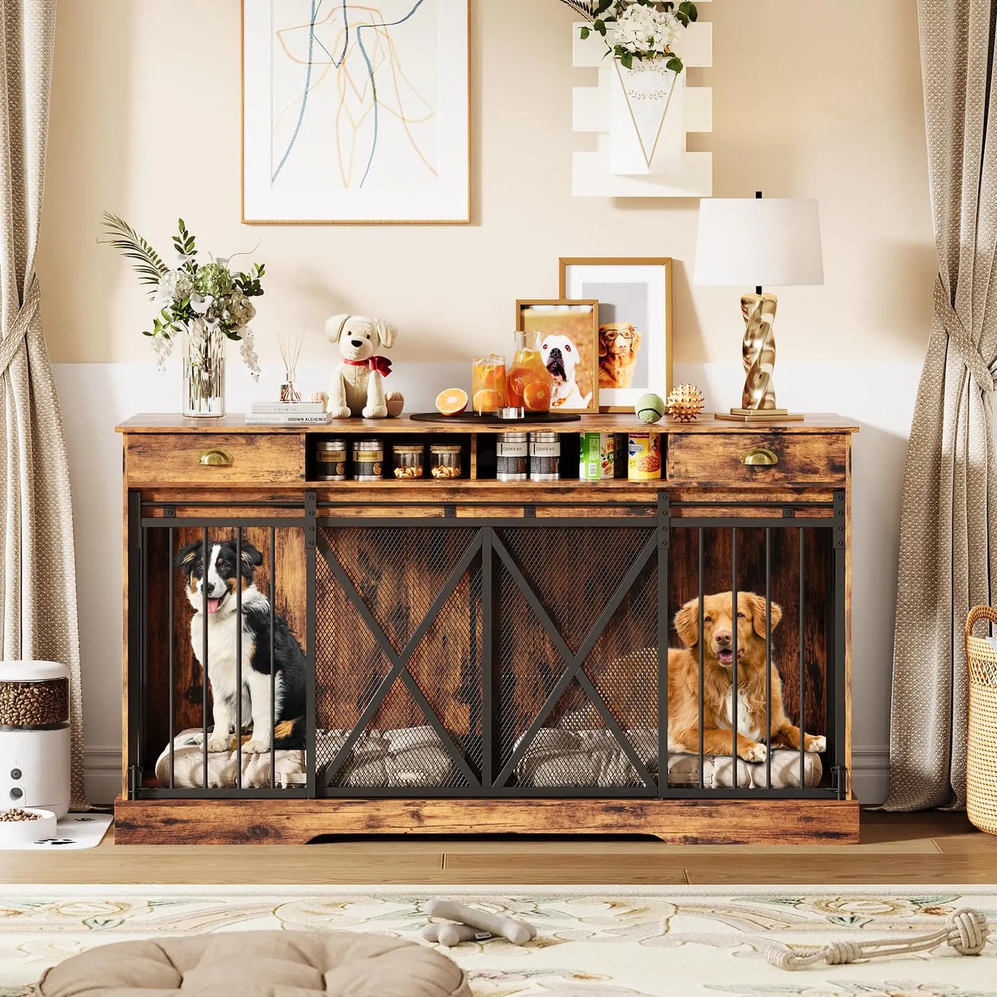 63" Extra Large Double Dog Crate Furniture TV Stand With Removable Divider Sliding Doors Wooden Pet Kennel Indoor Dog House