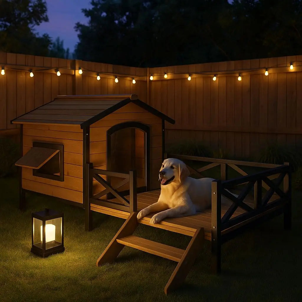 Large Wooden Dog House Weatherproof Elevated Outdoor Pet Shelter w/ Porch Deck 43.3"x69.9"x32.7", Custom