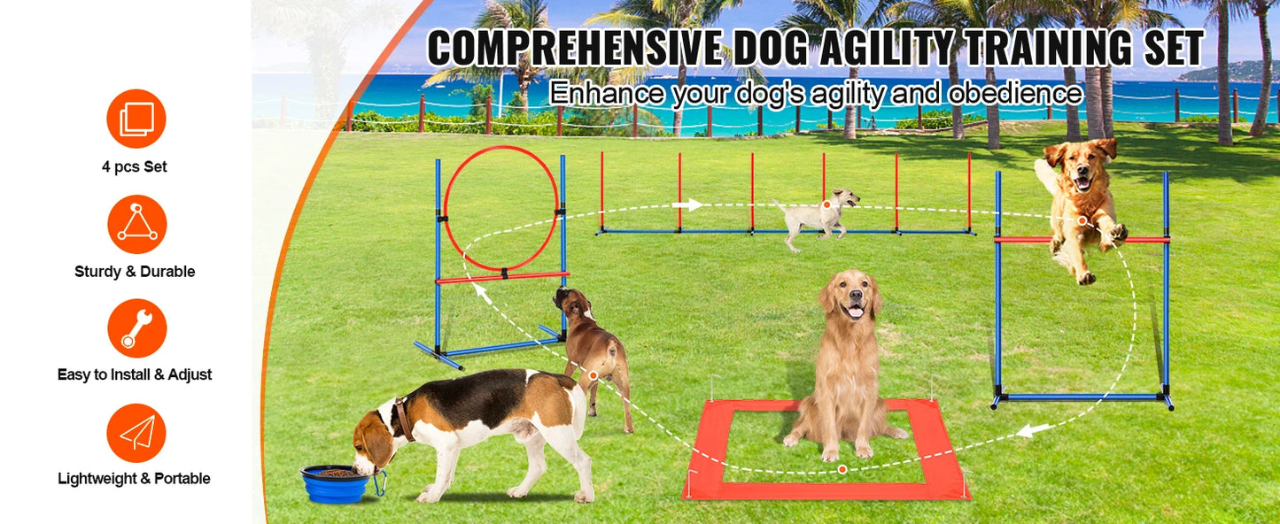 SucceBuy Dog Agility Training Equipment 4 PCS Set with Adjustable High Hurdles 6 Weave PolesJump Ring Square Pause Box Whistle