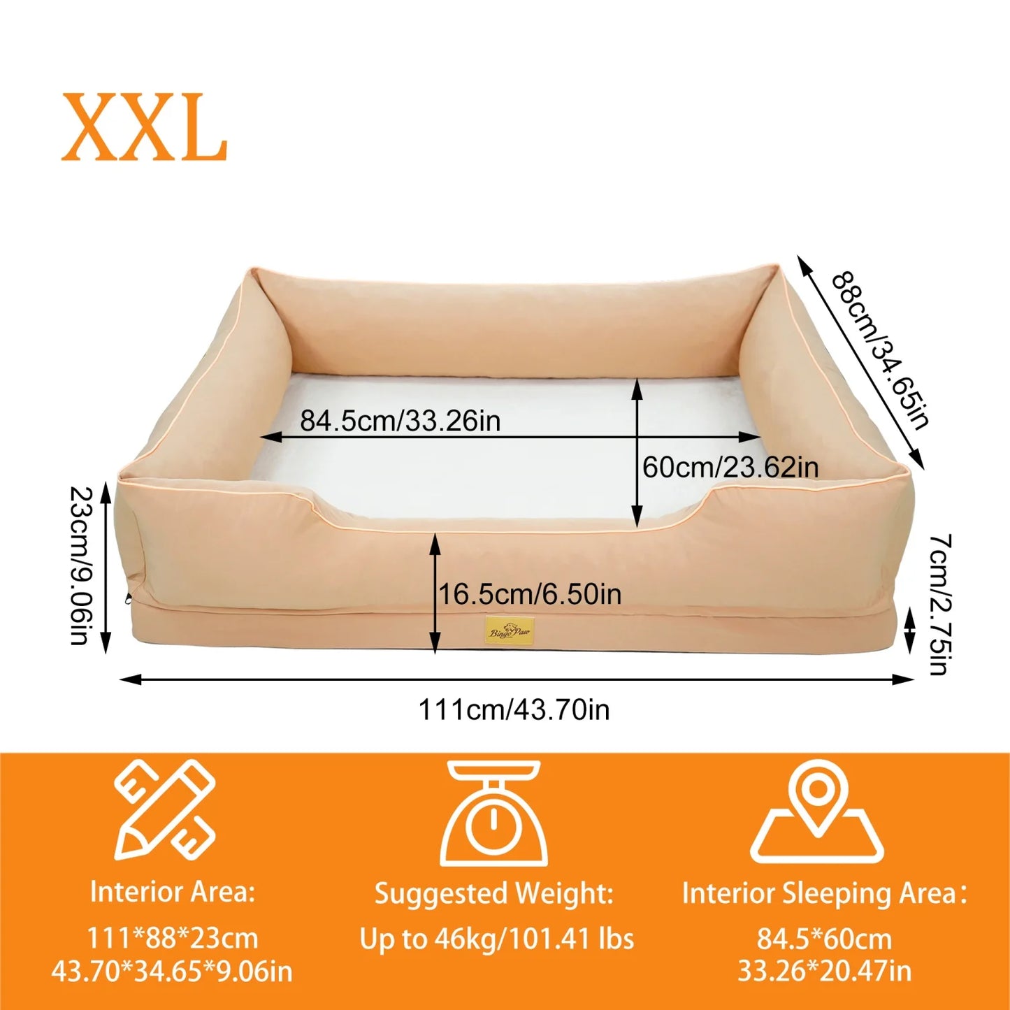 M-3XL Rectangular Dog Beds Orthopedic Dog Pet Sofa Couch Bed with Bolster Washable Pet Couch Lounger Sponge Base for Large Dogs Waterproof Lining Removable Cover
