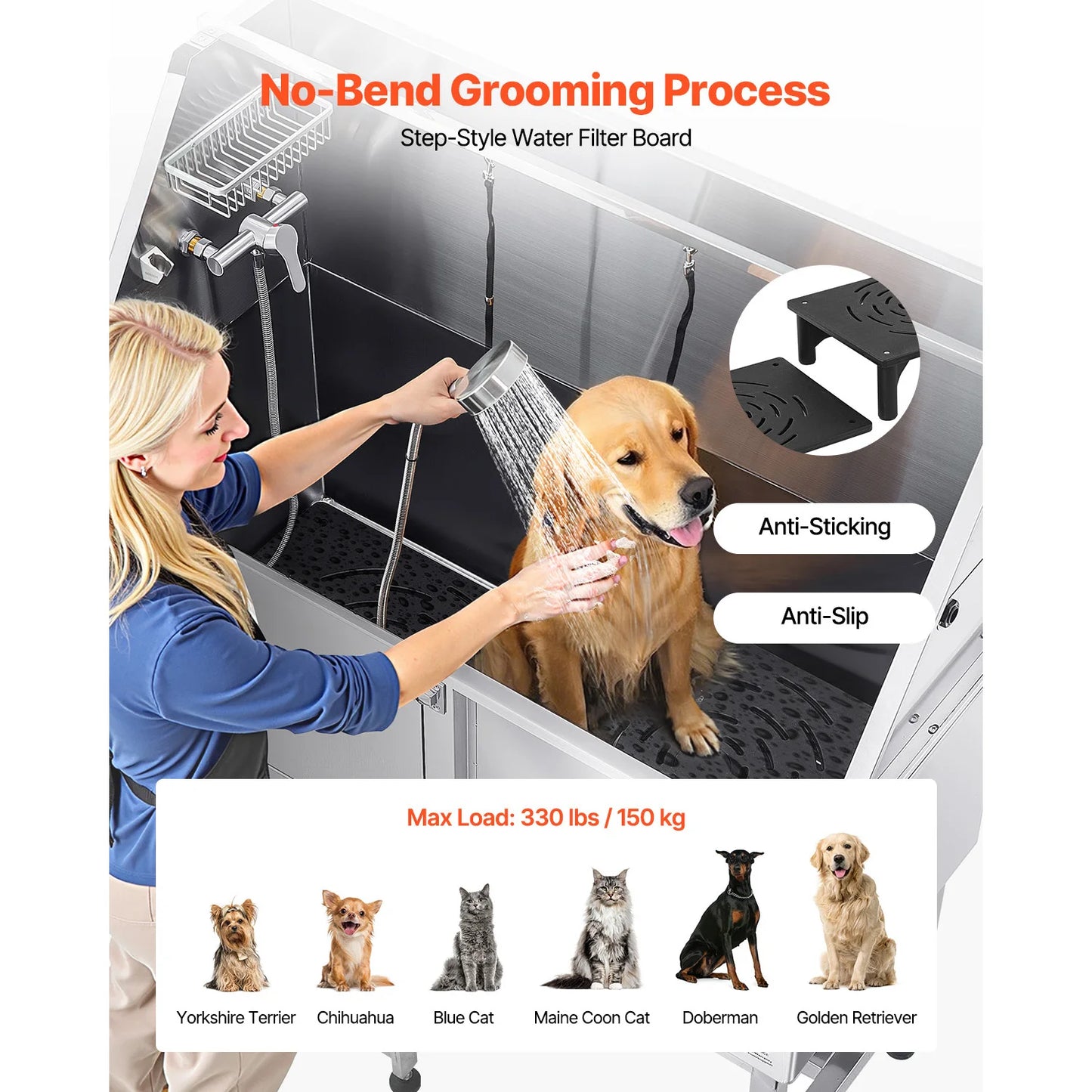 SucceBuy Stainless Steel Station 50 inch Pet Tub w/ PE WaterFaucet & Showerhead & Soap Bathtub to Large & Medium & Small Pets