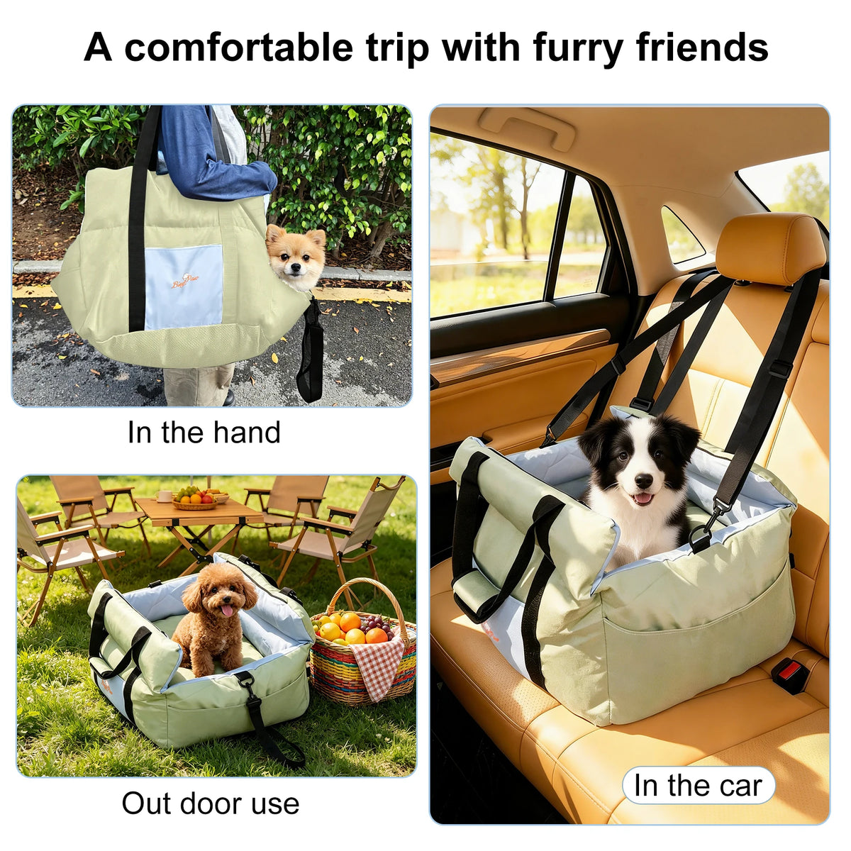 Portable Dog Car Seat Pet Dog Booster Seat Puppy Travel Carrier Bed with Safety Belt Storage Pocket Removable Washable Cover