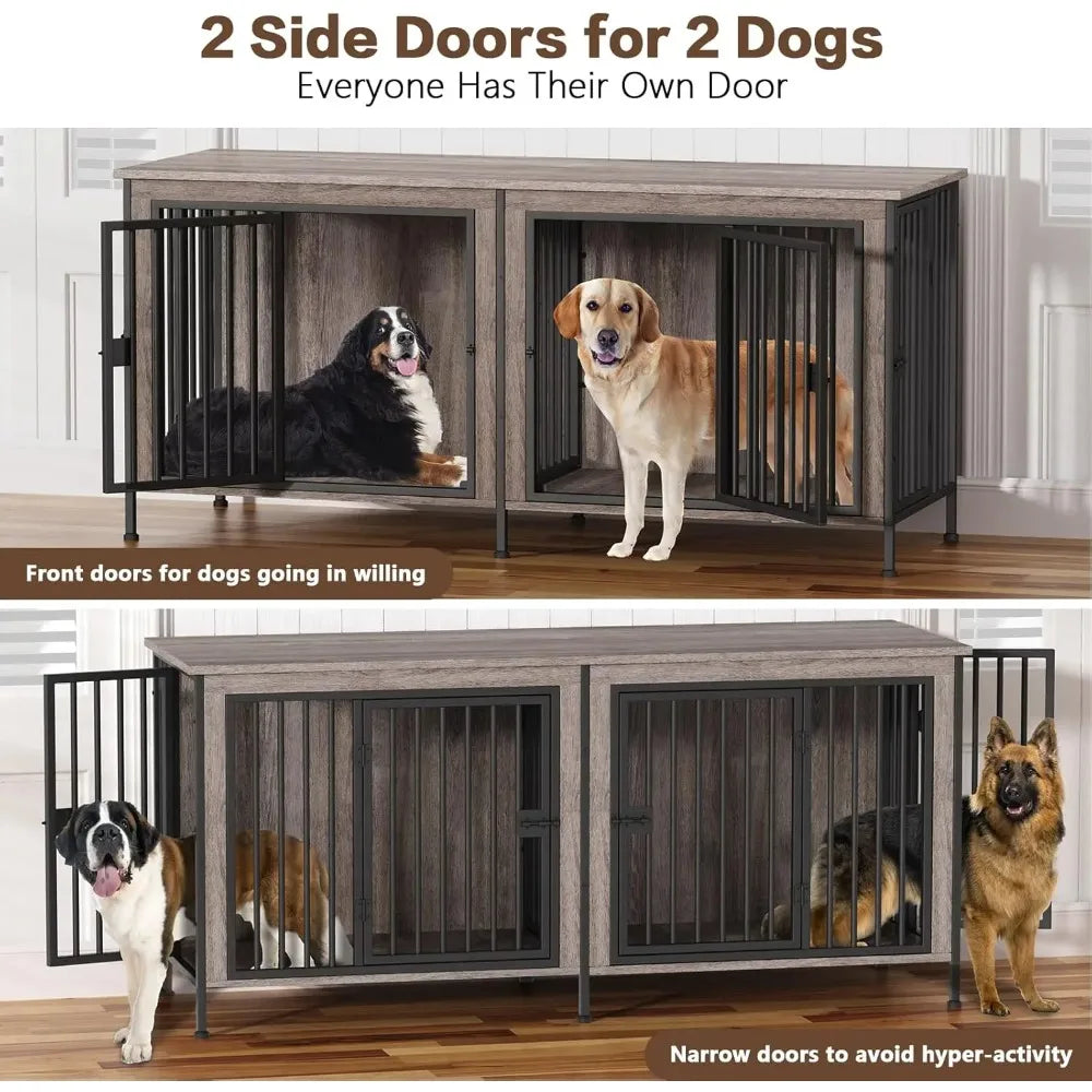 78 Inch Dog Cage Furniture for 2 Pets with Divider, XXL Wooden Double Dog Crate Furniture TV Stand for Mideum and Large Breed,