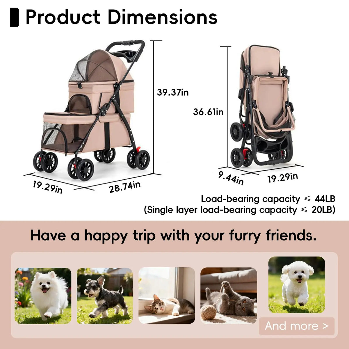 Foldable Double Decker Pet Stroller 4 Wheels Breathable Mesh Puppy Cat Travel Stroller for Multi-Pet Families Outdoor Walking