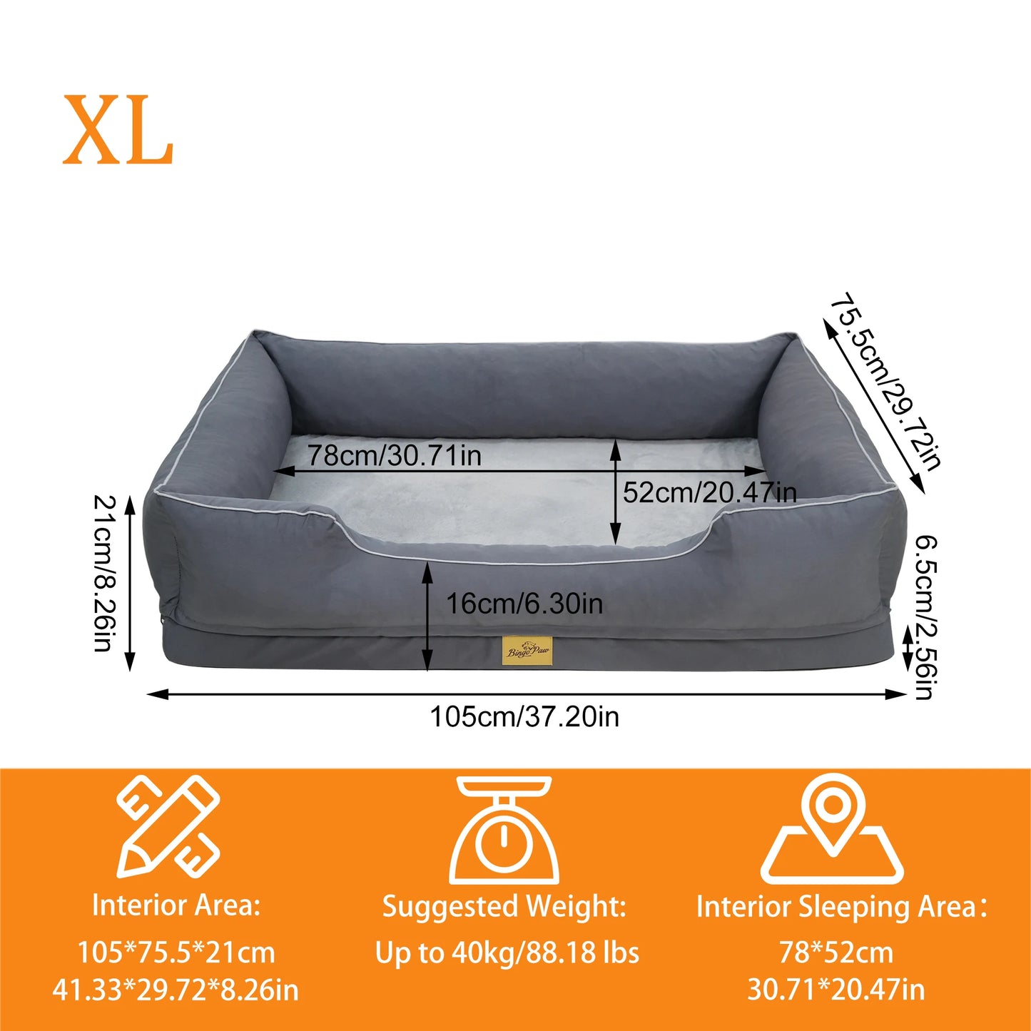 M-3XL Rectangular Dog Beds Orthopedic Dog Pet Sofa Couch Bed with Bolster Washable Pet Couch Lounger Sponge Base for Large Dogs Waterproof Lining Removable Cover