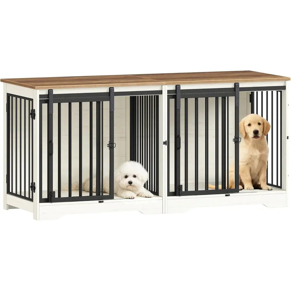 Heavy Duty Wooden Double Dog Cage with Divider, Large Pet Kennel, Barn Door, Suitable for Medium to Small Dogs, White/Brown