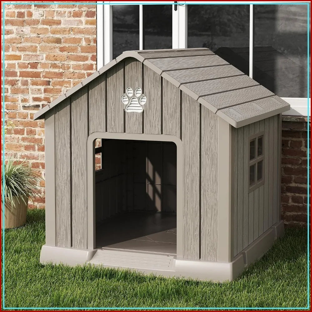 Dog House with Window, Waterproof, Elevated Floor, Easy to Clean, for Small Medium Dogs, Grey