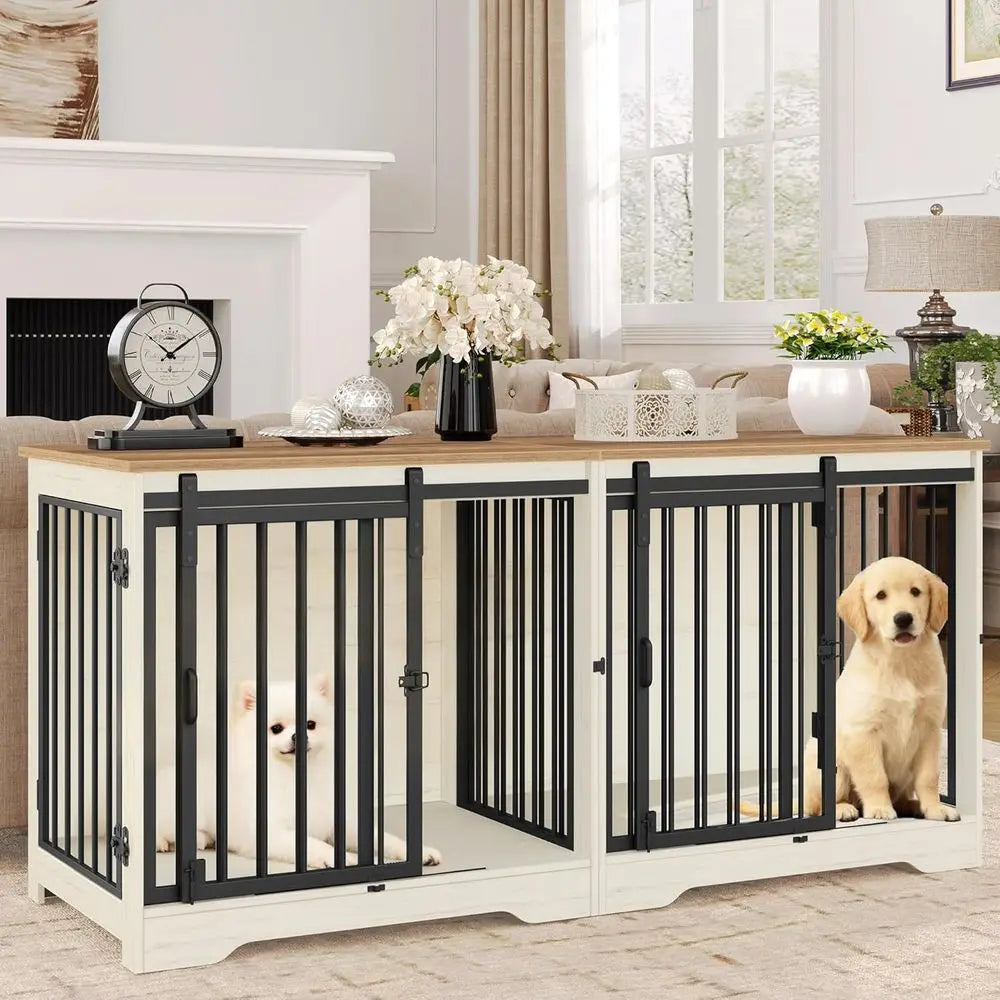 Heavy Duty Wooden Double Dog Cage with Divider, Large Pet Kennel, Barn Door, Suitable for Medium to Small Dogs, White/Brown