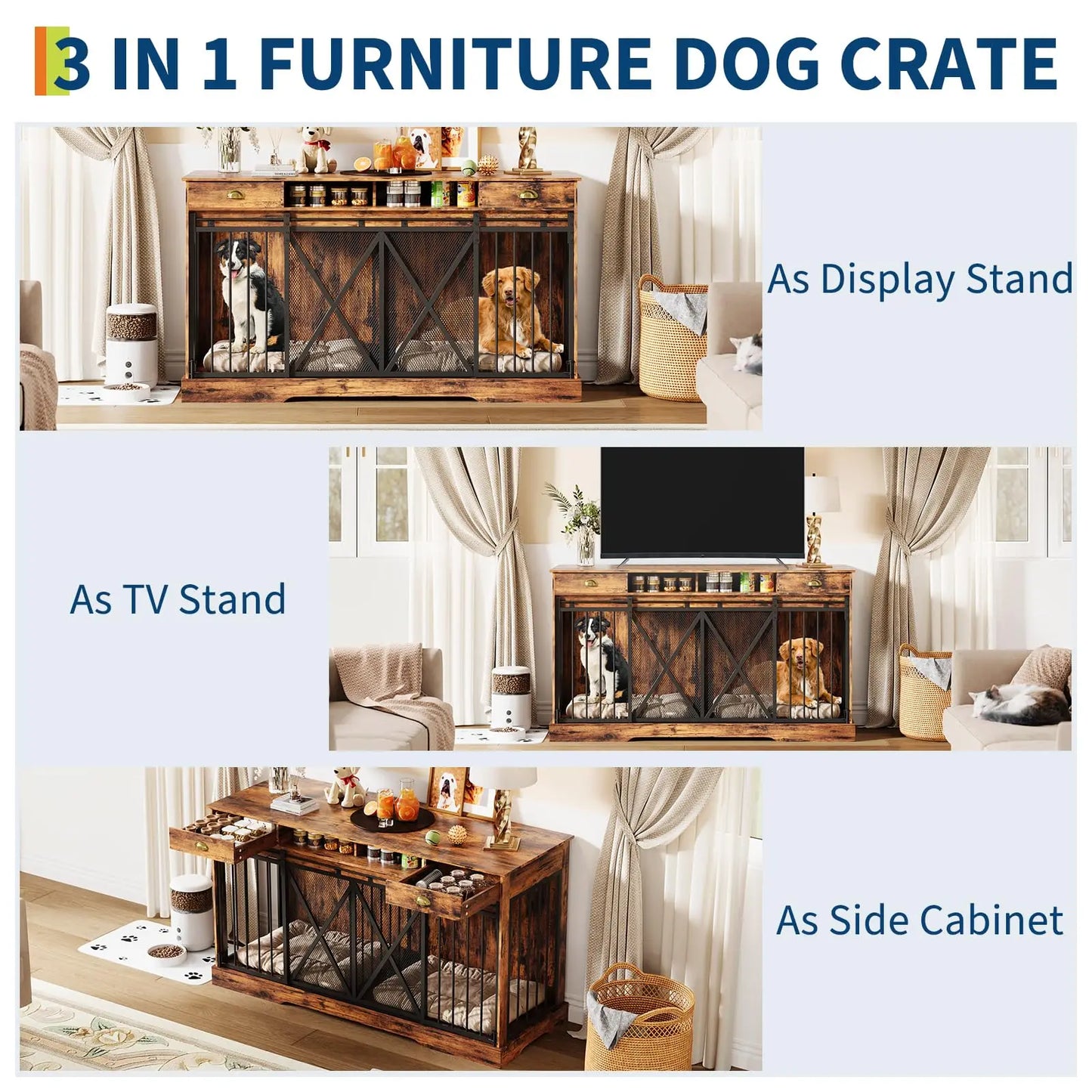 63" Extra Large Double Dog Crate Furniture TV Stand With Removable Divider Sliding Doors Wooden Pet Kennel Indoor Dog House